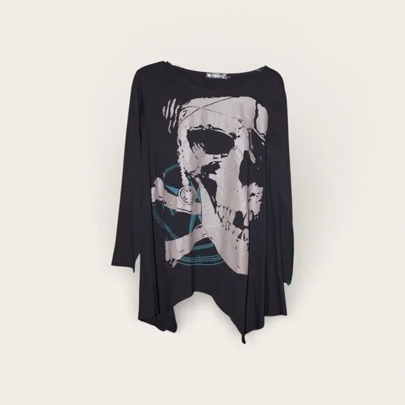 Allegra K Black Tunic Top Skull Design Asymmetric Hem S - Picture 3 of 3